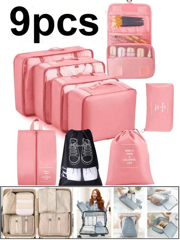 9pcs/Set Travel Organizer Bag, Large Capacity Waterproof Luggage Bag, PVC Cosmetic Bag, Skincare Products Organizer, Foldable Luggage Organizer Bag, Underwear Bag, Shoe Bag, Drawstring Bag, Toiletry Bag, Suitable For Pens, Eyeshadow Brushes, Sanitary Napkins, Lipstick, Makeup Brushes, Eyeliner, Lip Gloss, Skincare, Toothbrush, Soap, Shampoo, Comb, Watch, Phone, Necklace, Jewelry, Electronics