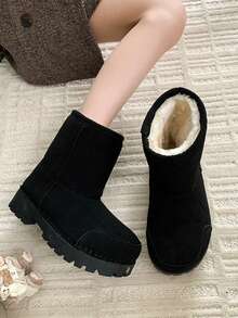 Zimowe, nowe, śliczne, duże śniegowce, grube podeszwy, ciepłe buty do połowy łydki dla kobiet - Czarne - Zobacz 4
