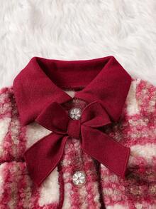 女婴可爱领长袖蝴蝶结装饰双口袋纽扣开衫配半裙，红色，优雅时尚两件套，适合情人节、生日、节日派对、日常穿着 - 彩色 - 查看 4