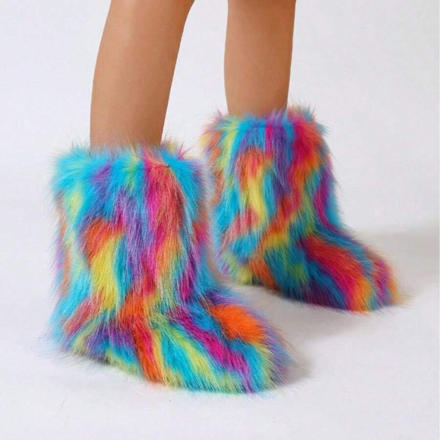 2025 Autumn And Winter Personalized Fashion Rainbow-Colored Furry Puffy Chunky-Heel Ankle Boots, Retro Y2K Style, Suitable For Party, Catwalk, Street Shooting, Music Festival And Halloween Carnival Outfits - 彩藍色 - 查看 1