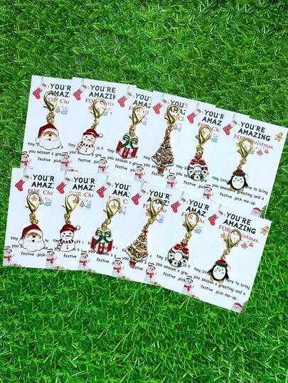 6/12件套圣诞钥匙扣套装，包含圣诞老人、圣诞树、雪人和节日装饰——附赠“你真棒”励志贺卡，送给亲朋好友，是情人节或友谊支持的完美节日礼物，可作钥匙扣、包包挂饰、女士钥匙扣、包包配饰、车饰、教师/姐妹礼物创意