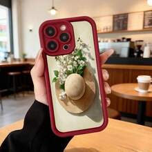 Funda para teléfono con borde negro color crema estampado con sombrero de paja y flores blancas ideal para uso diario en cafeterías y espacios elegantes Aplicable a los teléfonos de la serie Apple y Galaxy - Burdeos - Ver 2