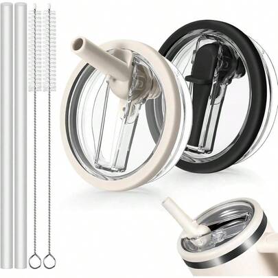 2 Pack 40oz Spill Proof Flip Straw Lid Tumbler Leakproof Straw Cover With 2 Straws Cleaning Brushes BPA - Dishwasher + Black