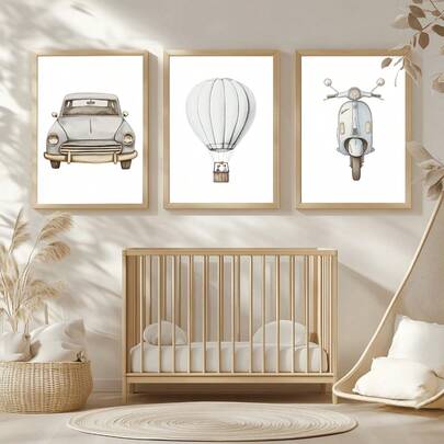 1 Stück, Leinwandkunst, gerahmte Wanddekoration, Kinderzimmer Wandkunst, Vintage Reise-Themen Kinderzimmer Hängekunst, Cartoon Autos, Heißluftballons, Motorrad Dekoration, Jungenzimmer Dekoration, Blaue Kunst, geeignet für Kinderzimmer Dekoration, Kinderzimmer Dekoration, Babyzimmer Dekoration, Kindergarten Dekoration, Jungenzimmer Dekoration/Mädchenzimmer Dekoration, Spielzimmer Dekoration