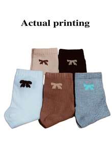 5 pares de meias femininas com laço fofo para todas as estações | Algodão penteado premium, respirável, macio e aconchegante | Desenhos divertidos de desenho animado | Presente de Natal