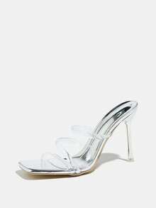 Scarpe con tacco alto da donna, adatte per primavera, autunno, feste serali, banchetti, sfilate, danza, mostre di moda, sandali con tacco alto sottile di colore argento, punta quadrata elegante, cinturino alla caviglia trasparente e lucido, materiale morbido e amichevole per la pelle, slip-on, grazioso, bello, scintillante, tacchi alti di lusso argento, scarpe eleganti da donna, abbinabili a vestiti