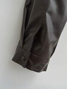 Casual Solid Color Large Pocket Short Leather Jacket, Autumn/Winter - Chocolate Brown - View 8