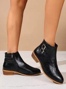 2025 Women's Retro European & American Style Side Zipper Buckle Decor Chunky Heel Short Boots, Fashion Versatile Outdoor Street Style Solid Color Elegant Ankle Boots - Black - View 6