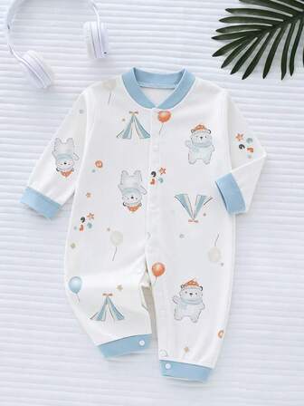 Newborn Baby Jumpsuits With Balloon & Bear Print Pattern, Front Button Closure Jumpsuit, Long Sleeve, Suitable For All Seasons