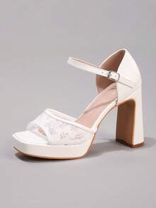 Giày sandal cao gót màu trắng phối ren thời trang, gợi cảm cho dạ hội, tiệc tùng, đám cưới, sandal đế vuông gót dày cho nữ, trang phục mùa xuân hè. - trắng - Xem 13