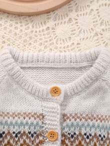 Infant Vintage Wave Pattern Solid Color Knit Cardigan Sweater, Casual Comfortable, Suitable For Autumn/Winter Everyday Wear Or Outings - Light Grey - View 3