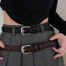 A Simple Yet Elegant Shiny Silver Buckle Leather Belt Suitable For Students And Young People For Decoration, Korean Style For Autumn, Autumn, Halloween, Suitable For Gifting To Best Friends, Friends, Elders, Colleagues, Partners, Suitable For Dance Parties, Gatherings, Social Events, Can Be Used As Birthday Gifts, Christmas Gifts, Halloween Gifts, Easter Gifts, New Year Gifts, Valentine's Day Gifts, Back-To-School Gifts, Graduation Gifts, Party Gifts - màu nâu - Xem 3