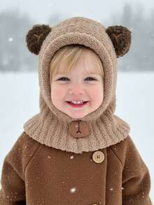 1件装幼儿男童熊耳连帽帽，保暖内衬，带围巾的婴儿帽，拉法帽，针织帽，保暖帽 - 1PC - 查看 8