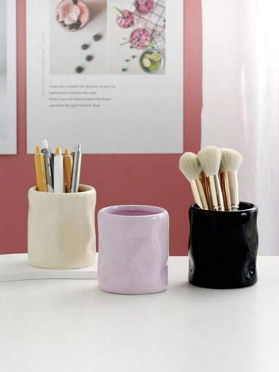 纹理化妆刷收纳架，不对称浮雕设计高端桌面笔筒，迷你花瓶装饰，适用于客厅、卧室、办公室、节日礼物、生日、海滩度假、浴室、卧室等场所，大容量