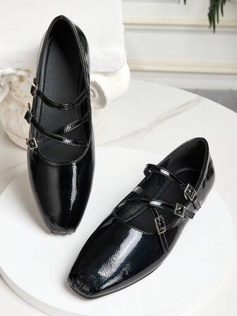 รองเท้าสตรีแบบใหม่, รองเท้าแมรี่เจนแบบสวม หัวเหลี่ยม สายไขว้, รองเท้าลำลองแฟชั่นสีดำแบบสวม, ดีไซน์แบบกลวง, เหมาะสำหรับใส่กลางแจ้งทุกฤดูกาล, รองเท้าโลฟเฟอร์