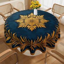 1pc Elegant Navy Blue & Golden Luxury Tablecloth With Golden Snowflake & Laurel Wreath Pattern - Wrinkle-Resistant Easy-Clean Christmas New Year Winter Party Decorations For Round Rectangular Dining Tables, Deep Blue & Golden Holiday Table Setting For Family Gatherings, Festive Home Decoration With Golden Accents, Ideal For Christmas, New Year's Eve, And Winter Events, Christmas Table Cloths, Christmas Background Cloth - 彩色 - 查看 5