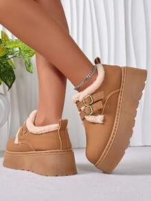 秋冬季女士厚底雪地靴，保暖内衬，带毛皮 - 棕色 - 查看 4