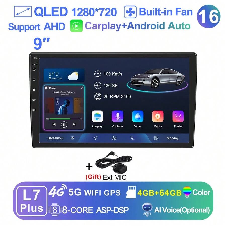 LEHX 8Core 9 pulgadas Universal 2din inalámbrico Carplay Android 15 Radio de coche reproductor de vídeo Multimedia AutoRadio navegación GPS 4G WiFi - 9-L7 Plus (4-64 GB) - Ver 1