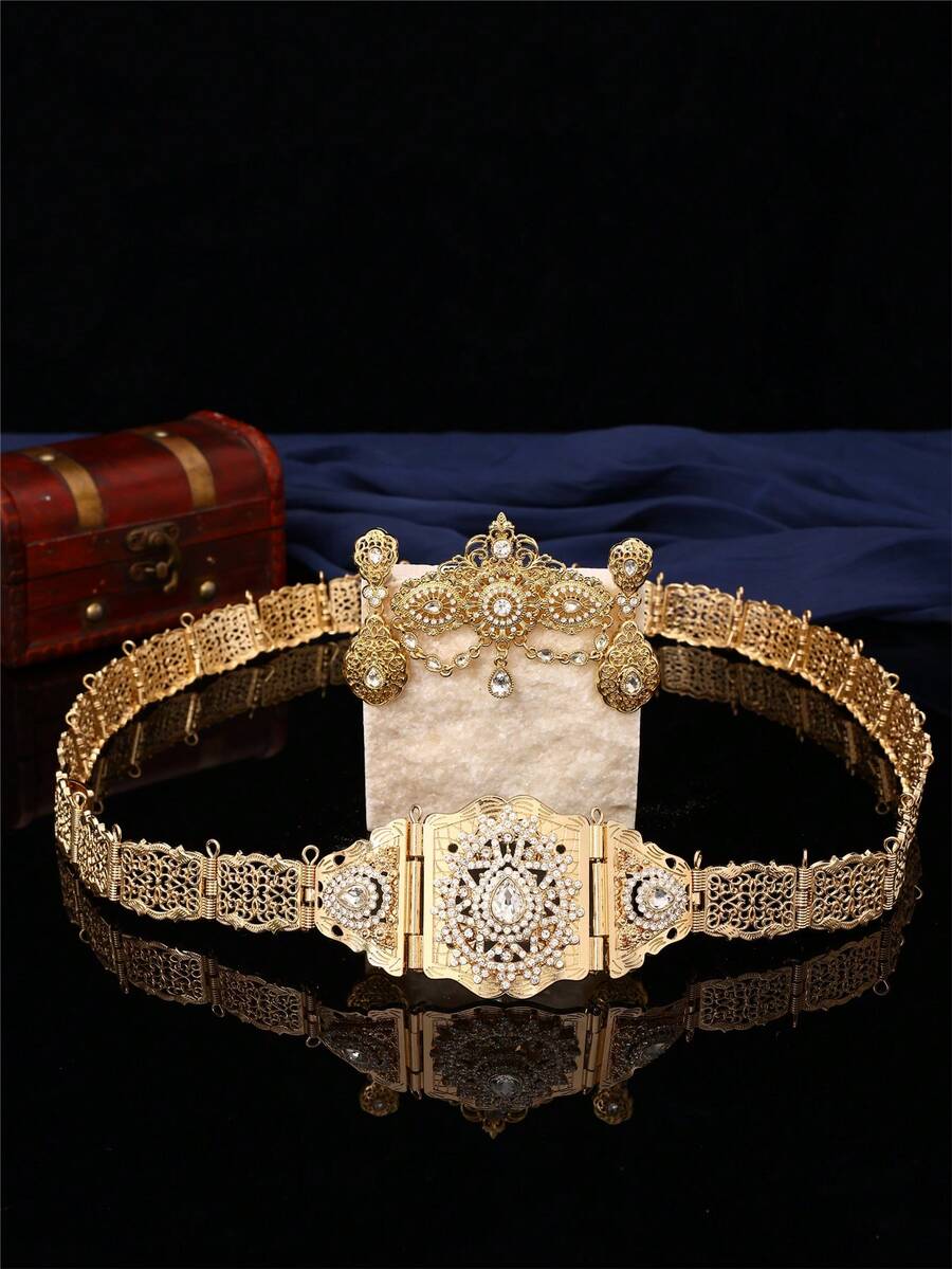 一套复古奢华女士长袍、腰带、胸针、耳环首饰套装，镶嵌水滴形水钻摩洛哥风格婚礼派对首饰礼品套装