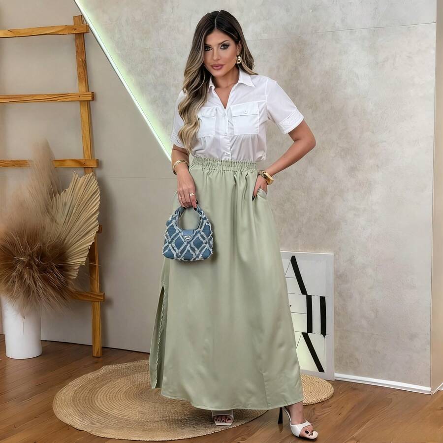 Women's Elegant Long Skirt With Pockets And Slits (One Size) - 墨綠色 - 查看 1