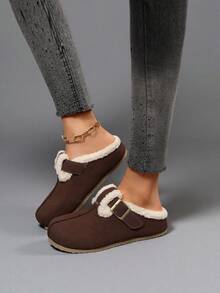 New Women Casual Closed Toe Slippers, Comfortable Plush Lined Flat Slip-On Shoes, Suitable For Autumn/Winter Warmth And Daily Casual/Indoor Wear, Round Toe Loafers