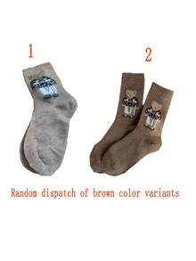 2 Pairs/5 Pairs Vintage Cartoon Polka Dot Cute Bear Mid-Calf Socks, Warm For Autumn/Winter