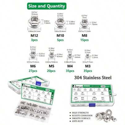 140PCS Metric Sizes 304 Stainless Steel Hex Flange Nuts Assortment Kit - M3, M4, M5, M6, M8, M10, M12