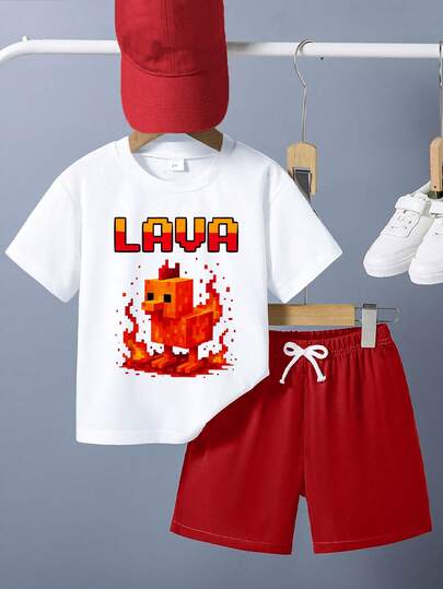 男童卡通印花短袖T恤和短裤套装