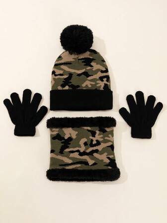 3pcs Kids Autumn/Winter Jacquard Camouflage Knit Hat, Scarf And Gloves Set, Warm And Windproof
