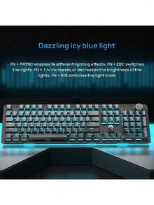 HP K10G Mechanische Tastatur, 104 Tasten, im laufenden Betrieb austauschbare, anpassbare Schalter, vollständiges N-Key-Rollover, stabile Kabelverbindung, geeignet für den Bürogebrauch, schwarz mit eisblauer Hintergrundbeleuchtung und blauen Schaltern.