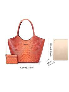 2pcs Elegant Women's Tote,Elegant Large-Capacity Women's Tote | Solid-Color Crocodile-Patterned PU Bag With Secure Zipper, Multi-Pockets, Fixed Strap - Suitable For Work & Outings - trái cam - Xem 8
