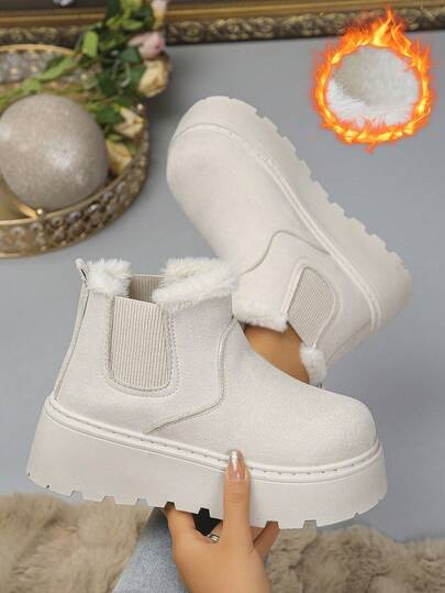 Women's Thick Sole Waterproof Snow Boots, Thermal Lined Warm Slip-On Casual Winter Boots, Fashion Outdoor Snow Boots, Size 36-42, Beige