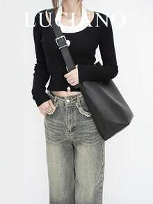 Large Capacity Black Bucket Bag, Retro Korean Minimalist Style, Fashionable French Adjustable Shoulder Strap Crossbody Bag, Casual Commuter Shoulder Bag Suitable For Women, Students, Office Workers, Daily Commute, Shopping, School, Travel - Black - View 2