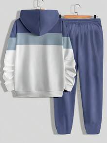男士卫衣运动裤套装，休闲时尚慢跑运动服，连帽两件套，100% 涤纶，适合春秋季穿着，无内衬，轻盈顺滑面料 - 彩色 - 查看 4
