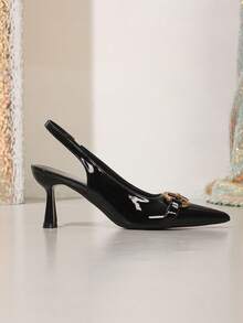 New Fashion Metal Chain Buckle Thin Heel Women's Sandals, Sexy Pointed Toe Solid Color High Heels, Backless Closed Toe Women's Pumps - Black - View 5