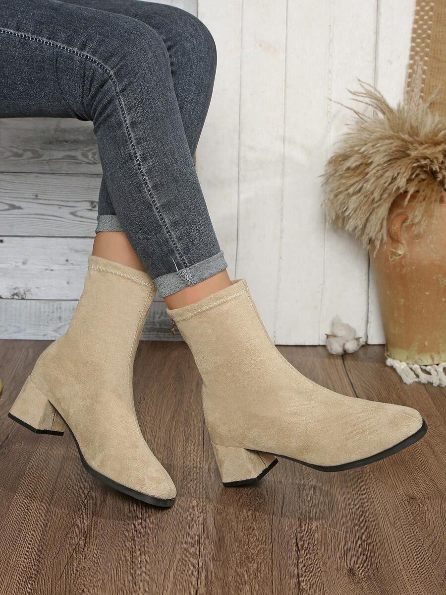 女士修身弹力踝靴，后拉链设计，时尚低跟方头踝靴，百搭女靴