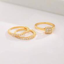 Cubic Zirconia Gold Rings Women Non Tarnish  Dainty 14K Gold Plated Stackable Princess Cut Engagement Ring Set Wedding Promise Rings Her Jewelry Size 6 8 9 10 11 - D-3 pcs Cincin Janji + 7 - View 3