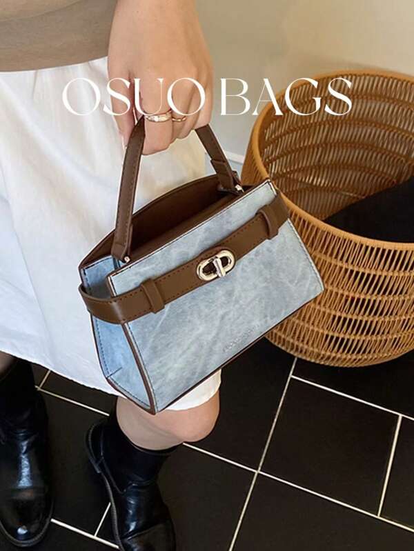 Fashionable Retro Patchwork PU Leather Handbag, Adjustable Shoulder Strap, Decorative Hardware, Magnetic Closure, Multifunctional Commuter Bag For Women