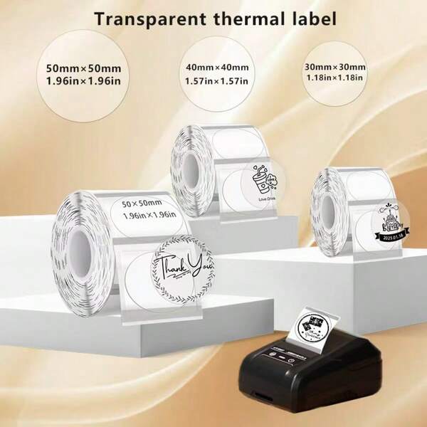1 rollo de etiquetas térmicas transparentes redondas/cuadradas de 3/4/5 cm, papel de etiquetas térmicas autoadhesivas, etiquetas de código de barras/dirección/correo/logotipo/negocio/agradecimiento, compatibles con impresoras de etiquetas Phomemo M100/M200/M210/M110/M120/M108/P50/P80/P1/P2