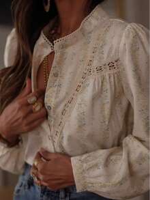 Spring Fashion Women's Button Front Floral Print Long Sleeve Polyester Blouse With Lace Detail And Stand Collar - Multicolor - View 2