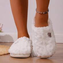 泰迪熊图案毛绒休闲动物可爱舒适针织保暖内衬柔软抓绒舒适休闲平底室内秋冬季 - 白色 - 查看 6