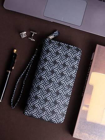  ​​HOVI'S Men's Geometric Print Long Wallet With Wrist Strap - Large Capacity PU Leather Zip Around Organizer, Fits Phone & Cards​​ Black Purse