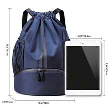 Mochila Deportiva con Cordón, Mochila para Natacion, Compartimento para Zapatos y Bolsillo a Prueba de Humedad, Mujer Hombre Mochila Cuerdas Impermeable Saco Gimnasia, Adecuada para Fitness y Natación - Azul Marino - Ver 4