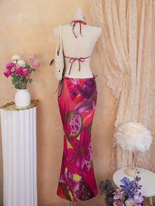 Conjunto de bikini de 3 piezas para mujer con estampado de flor de loto, diseño con lazo, falda maxi de malla, traje de baño vintage bohemio casual con tirantes finos, adecuado para vacaciones de primavera/verano, tomar el sol - Rojo - Ver 6