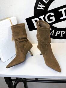 Women's Mid-Calf Boots, Elastic Boots, Wrinkled Stacked Boots, Versatile Pointed Toe Slim High Heel Fashionable Ankle Boots - Dark Brown - View 5