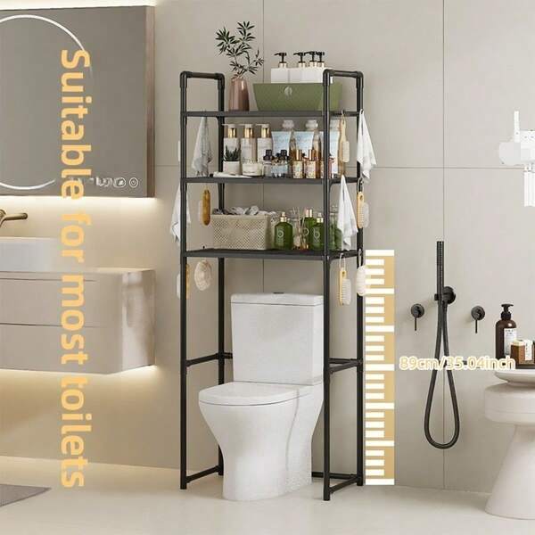 Heavy Duty Over Toilet Storage Shelf, 3-Tier No-Tool Bathroom Organizer With Hooks, Rust-Resistant Space Saving Corner Shelf