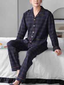 2pcs Men's Plaid Knit Robe Sleepwear Set With Pants, Breathable And Moisture Wicking, Spring & Autumn, Fall Winter Clothes