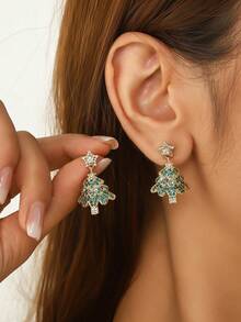 Christmas Series Earrings, Elegant Pink Christmas Tree Rhinestone Earrings For Women, Sweet Atmosphere Earrings For Autumn/Winter - Multicolor - View 4