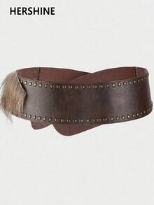 Hershine 1 szt. damski brązowy, futrzany, ozdobny, szeroki pas w stylu Western Boho, zdobiony nitami, wszechstronny dodatek do sukienek, odpowiedni na zewnątrz, na imprezę i do pracy, spersonalizowany dodatek do odzieży, klasyczny pasek do koszul, spodni i sukienek, odpowiedni na spotkania, imprezy, Halloween i Boże Narodzenie, wielofunkcyjny dodatek, idealny prezent dla rodziny i przyjaciół na Boże Narodzenie, Halloween i Święto Dziękczynienia