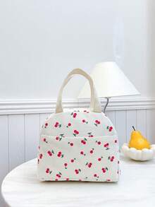 Portable Insulated Lunch Bag; Thickened Cute Lunch Fruit Bag For Students; Pink Asymmetrical Bow Heart Print - Beige - View 4